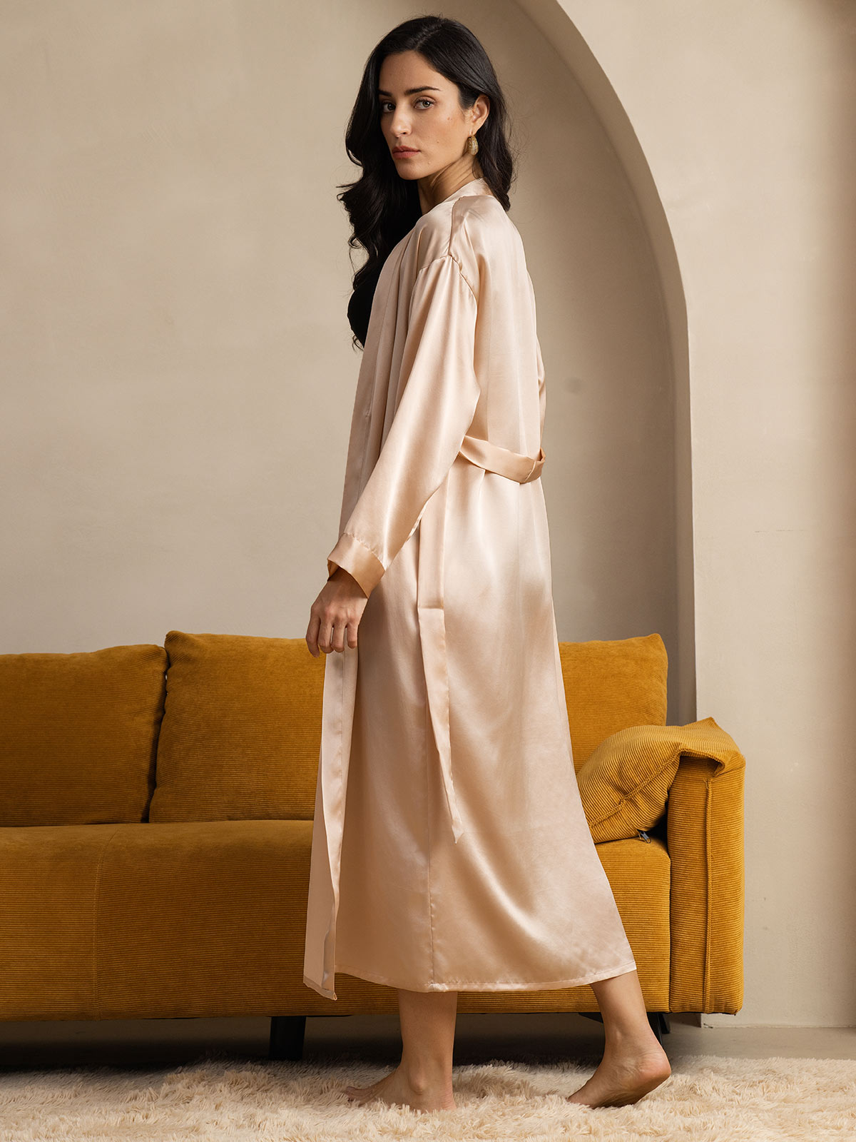 Pure Silk Long Sleeve Midi Women's Robe