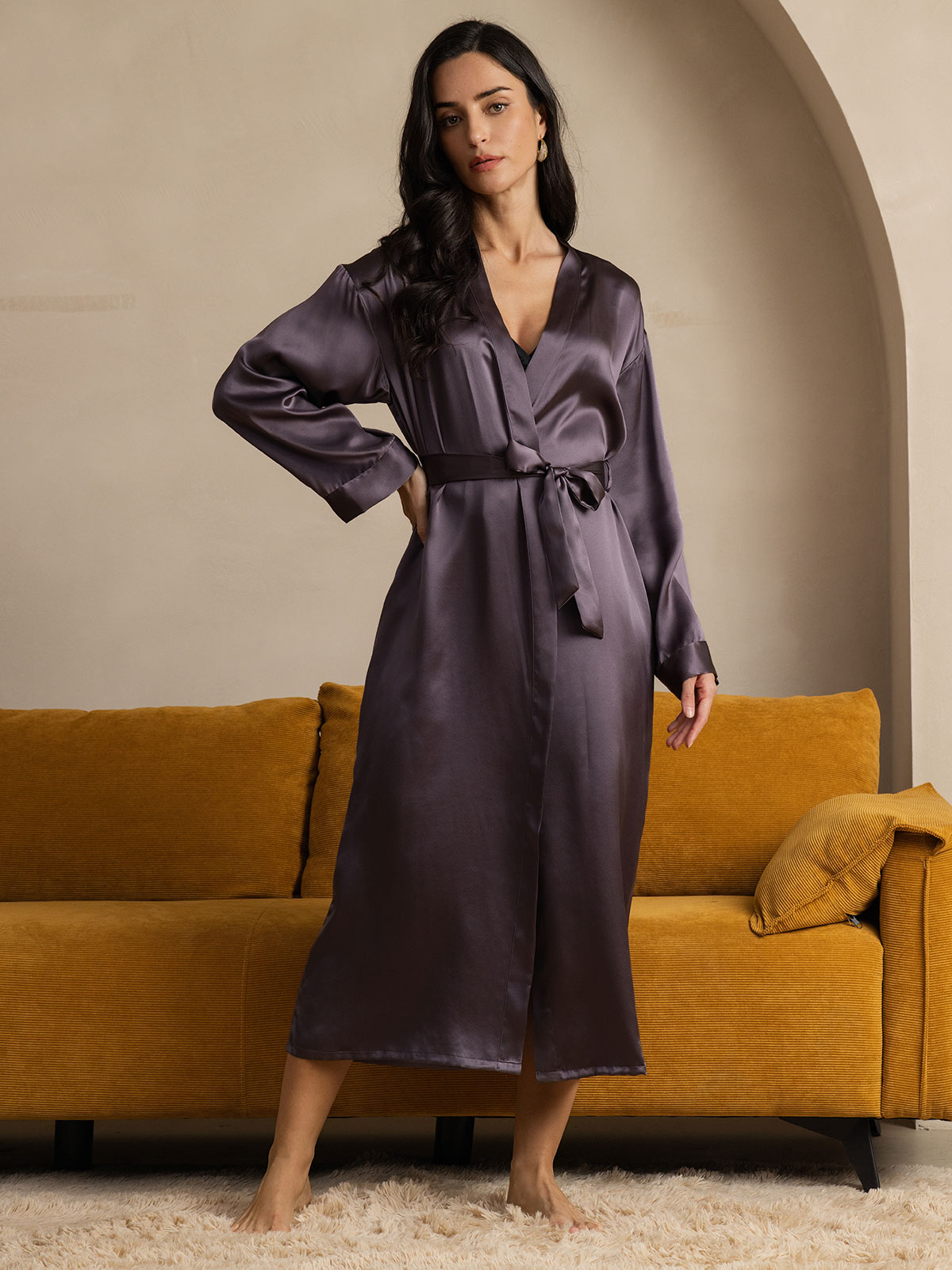 Pure Silk Long Sleeve Midi Women's Robe