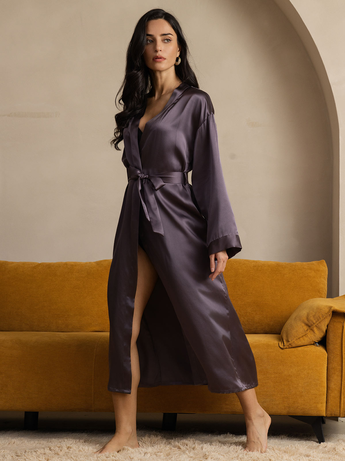 Pure Silk Long Sleeve Midi Women's Robe